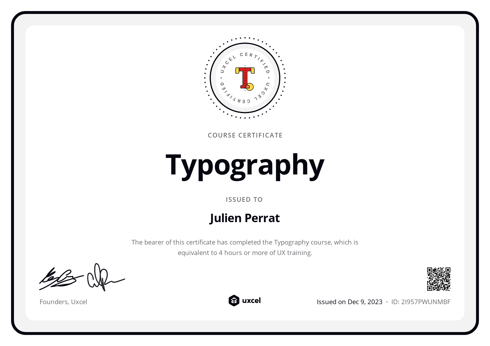 Julien Perrat's certificate